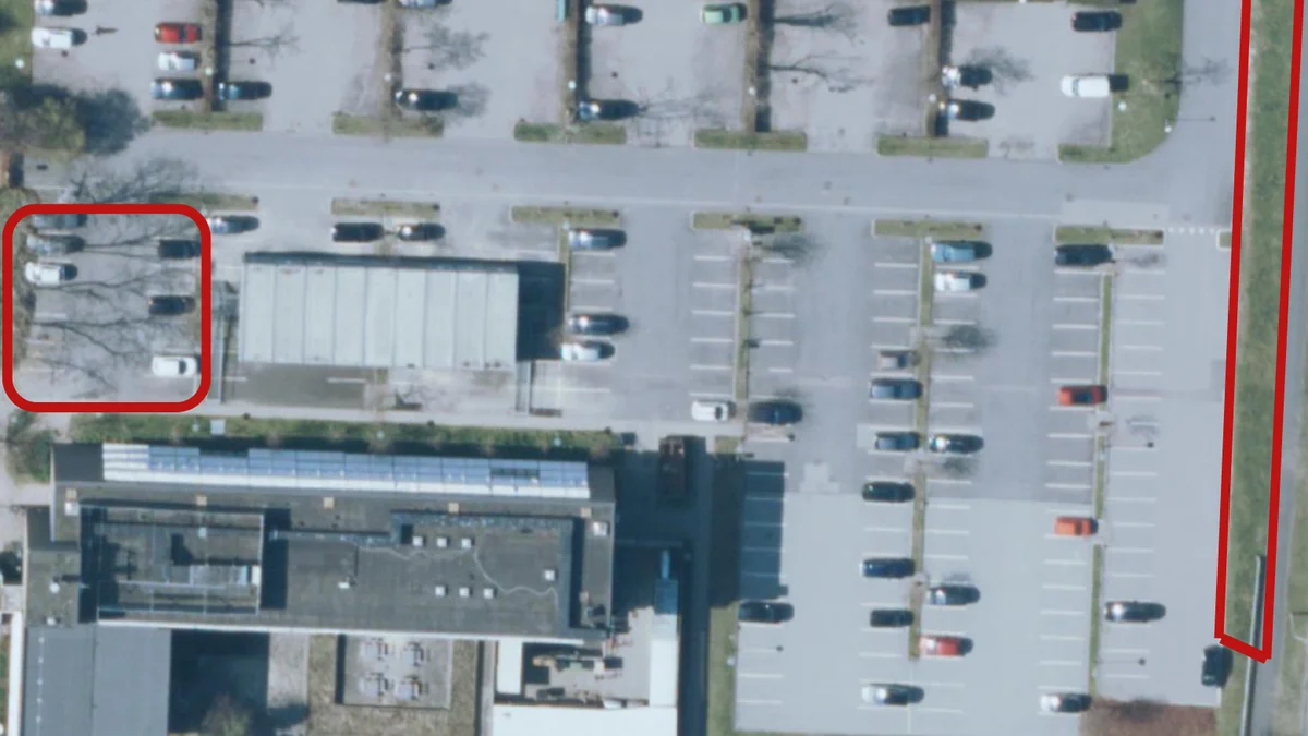 På billedet ses en markering af de i teksten nævnte p-pladser.