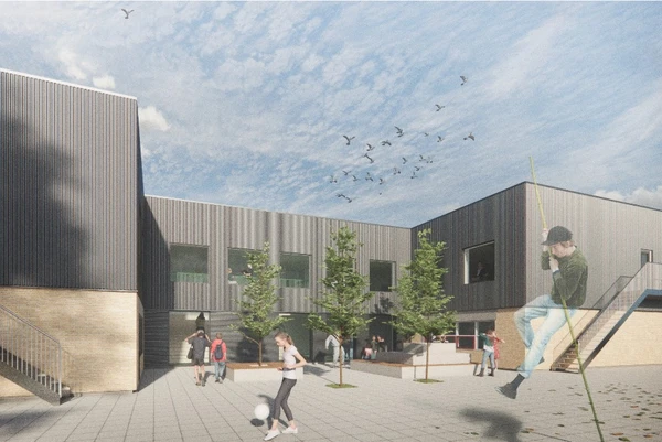 Visualisering af den nye tilbygning på Munkekærskolen